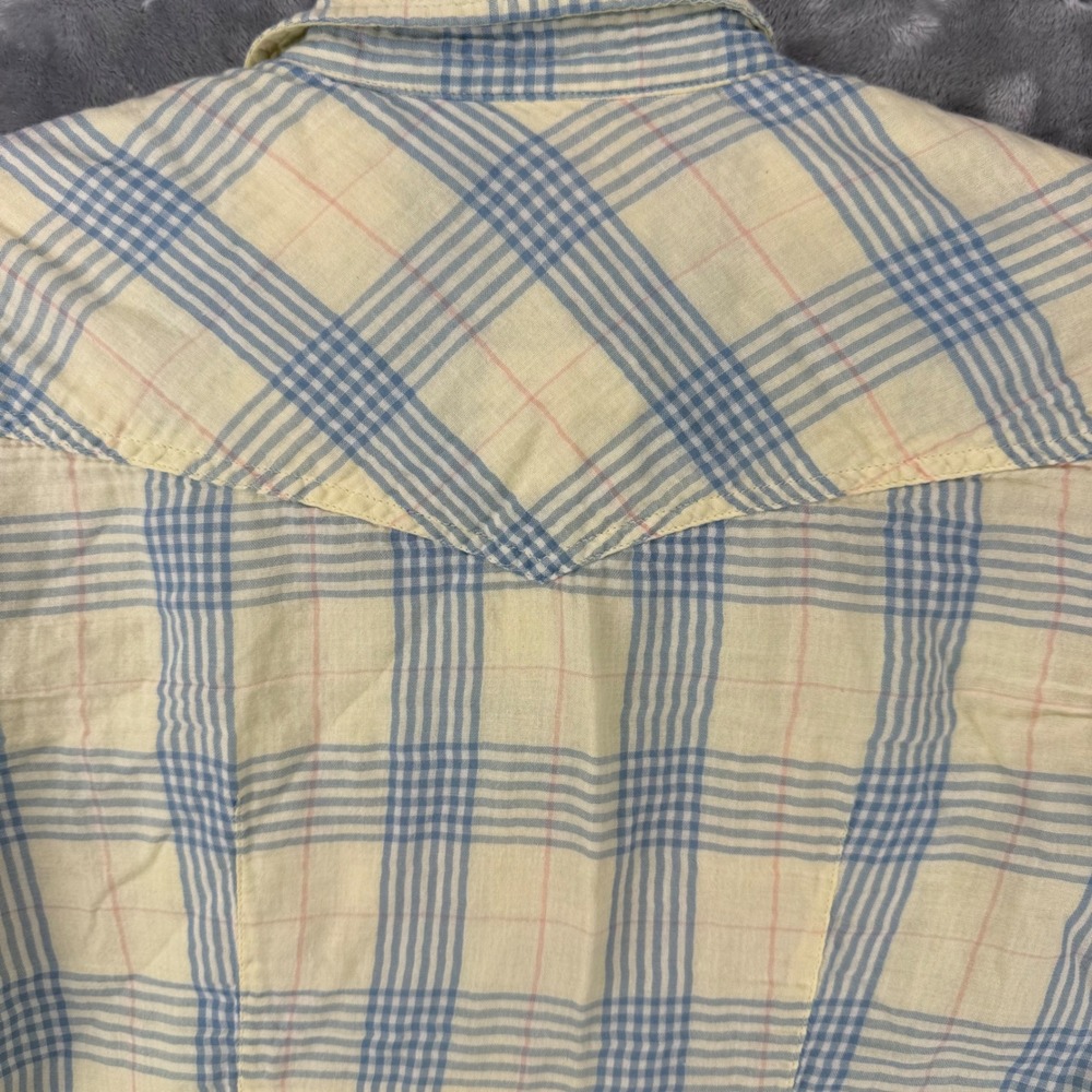 American Eagle Womens Plaid Snap Front Western Gauze Shirt Yellow Blue Size 10 - Picture 14 of 15
